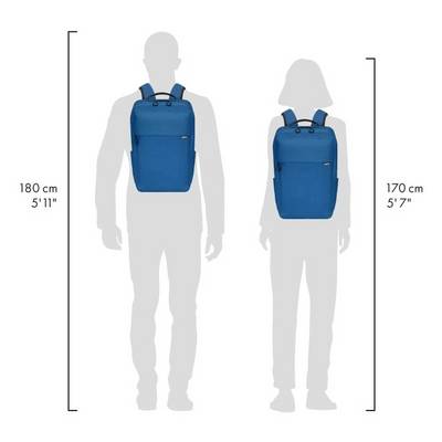 Zwei Rucksäcke in Blau auf Silhouetten von Personen. Links männliche Silhouette, 180 cm, rechts weibliche Silhouette, 170 cm.