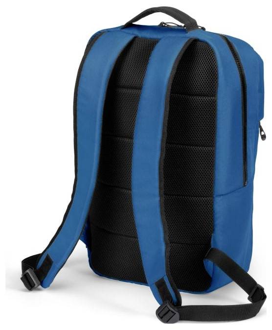Ein blauer Rucksack mit zwei gepolsterten, schwarzen Gurten und einem Tragegriff. Der Rucksack steht aufrecht und ist geschlossen.