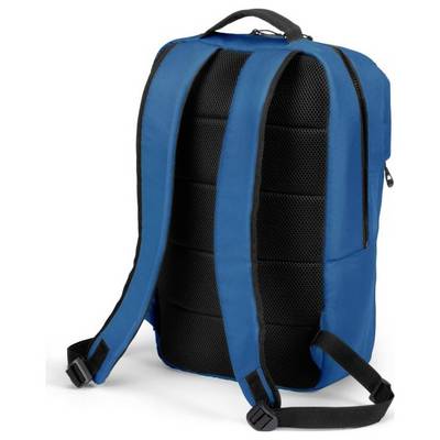 Ein blauer Rucksack mit zwei gepolsterten, schwarzen Gurten und einem Tragegriff. Der Rucksack steht aufrecht und ist geschlossen.