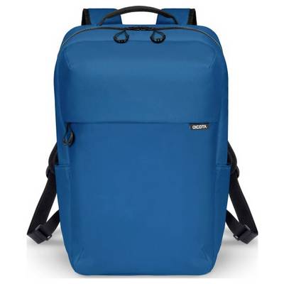 Ein blauer Rucksack mit schwarzem Riemen, zwei Seitentaschen und einem Tragegriff oben. Auf der Vorderseite ist ein kleines Logo.