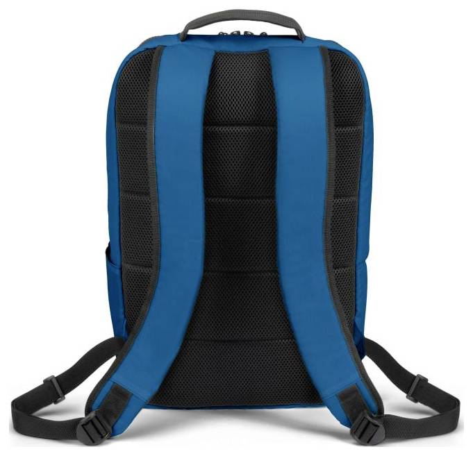 Ein blauer Rucksack mit schwarzen Trägern und gepolstertem Rückenteil liegt mit der Rückseite nach vorne.