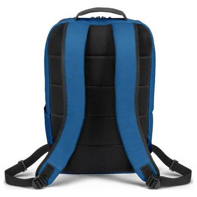 Ein blauer Rucksack mit schwarzen Trägern und gepolstertem Rückenteil liegt mit der Rückseite nach vorne.