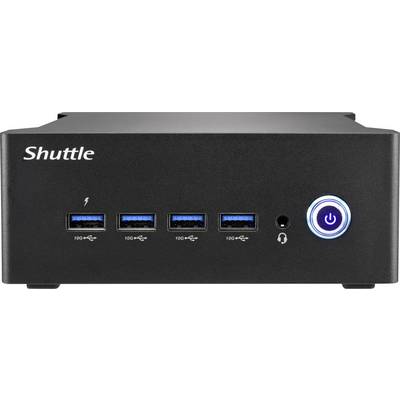 Ein schwarzer Computer mit dem Schriftzug 'Shuttle' auf der linken Seite, fünf USB-Anschlüsse, ein Kopfhöreranschluss und ein beleuchteter Einschaltknopf.