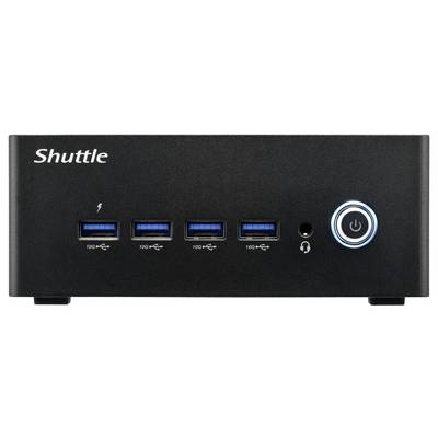 Ein schwarzer Shuttle-Mini-PC mit vier USB-Anschlüssen, Kopfhörerbuchse und beleuchtetem Netzschalter auf der Vorderseite.