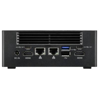 Rückansicht eines schwarzen Geräts mit Anschlüssen: DC-IN, zwei HDMI, zwei USB, zwei LAN-Ports. Lüftungsgitter oben.