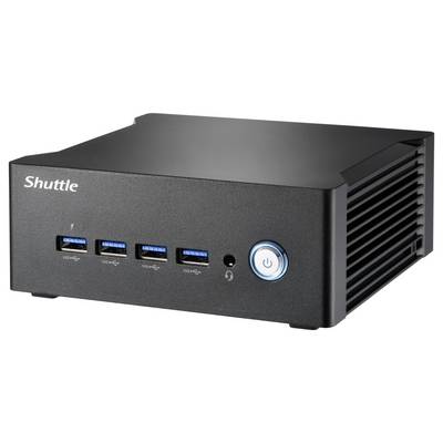 Ein schwarzer Mini-PC mit vier USB-Anschlüssen, Audioanschluss und Ein/Aus-Schalter auf der Vorderseite. Marke 'Shuttle'.