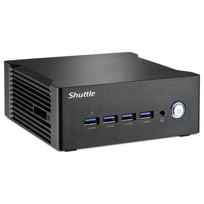 Schwarzer Shuttle-Mini-PC mit vier USB-Anschlüssen und Ein-/Ausschalter auf der Vorderseite. Ventilationsöffnungen sind seitlich sichtbar.