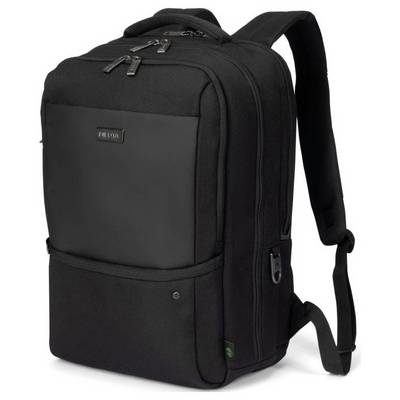 Ein schwarzer Rucksack mit zwei Hauptfächern, mehreren Reißverschlüssen und verstellbaren Schulterriemen.