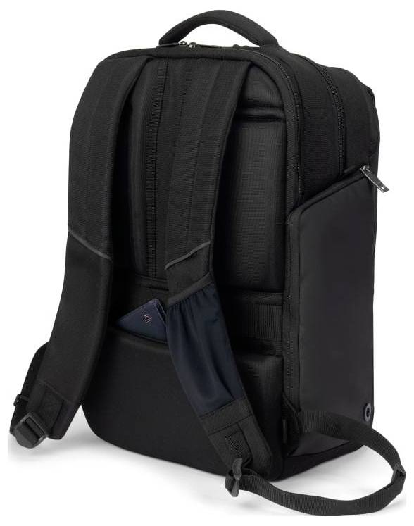 Schwarzer Rucksack mit ergonomisch gepolsterten Trägern, kleiner Tasche hinten, geeignet zum Verstauen von Zubehör, aufrecht stehend.