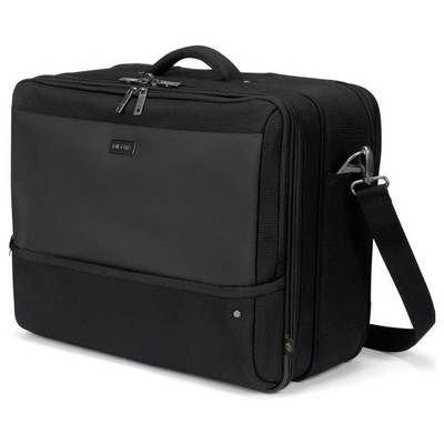 Eine schwarze Laptoptasche mit Reißverschlüssen, Tragegriff und Schultergurt.