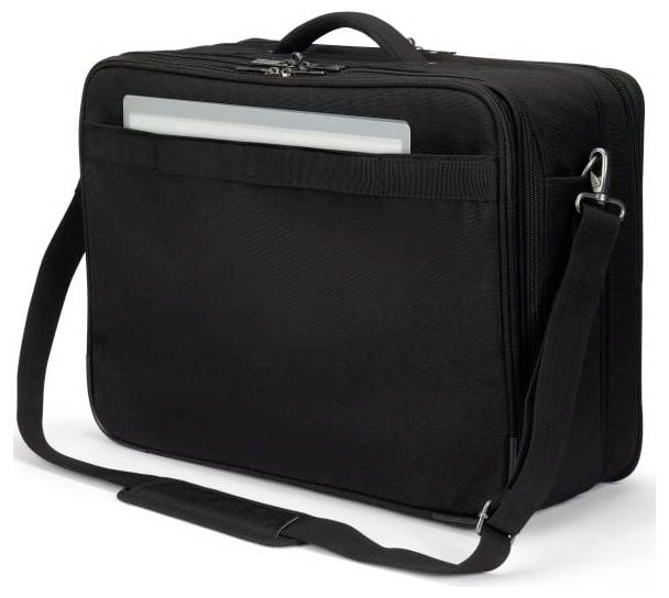 Schwarze Aktentasche mit Trageriemen und Griff. Vorderfach zeigt einen Tablet- oder Laptoprand. Eignet sich für den Transport von Elektronik.