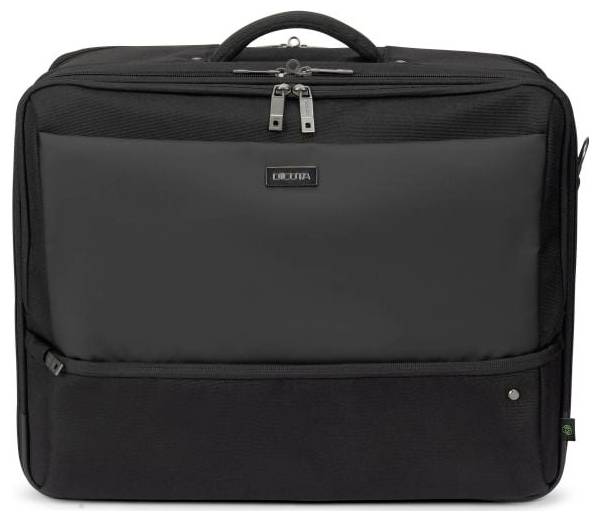 Schwarze Laptoptasche mit Tragegriff, Reißverschlüssen und mehreren Fächern. Ideal für den Transport von Elektronik und Dokumenten.