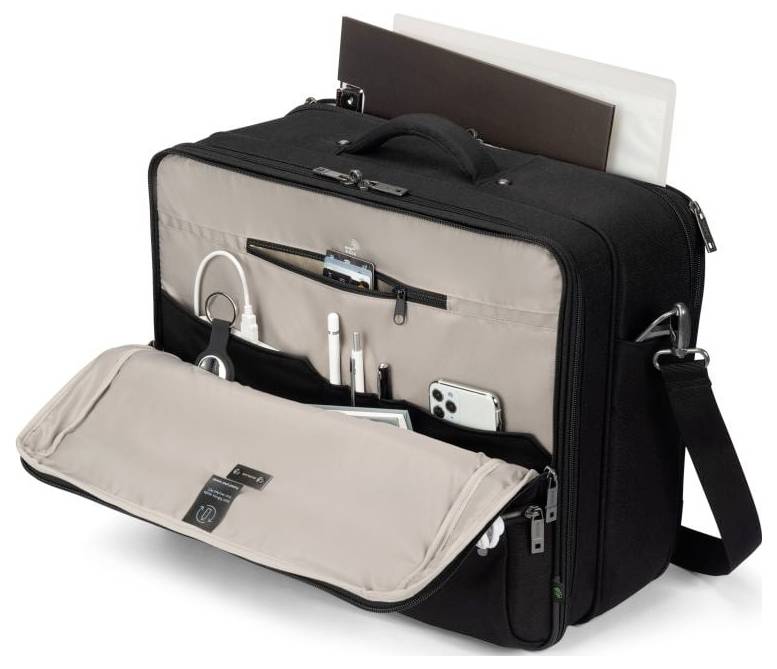 'Schwarze Aktentasche mit offener Vordertasche, die Ladekabel, Stifte und ein Smartphone enthält. Dokumente ragen oben heraus.'