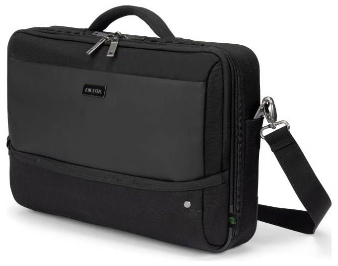 Schwarze Laptop-Tasche mit Tragegriff und abnehmbaren Schulterriemen, passend für 15-Zoll-Laptops, mit Reißverschlusstaschen.