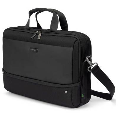 Schwarze Laptoptasche mit Tragegriff und abnehmbarem Schulterriemen. Vorderseite hat ein Reißverschlussfach. Ideal für Beruf und Reisen.