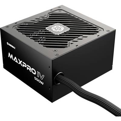 Eine schwarze Netzteileinheit mit der Aufschrift "MAXPRO IV 550W" mit einem Kühlventilator oben und einem geflochtenen Kabel, das seitlich herausragt.