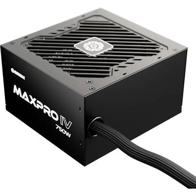 Eine schwarze Computernetzteil mit der Aufschrift "MaxPro IV 750W" mit belüfteter Oberseite und einem Logo, ausgelegt für High-Performance-Anwendungen.