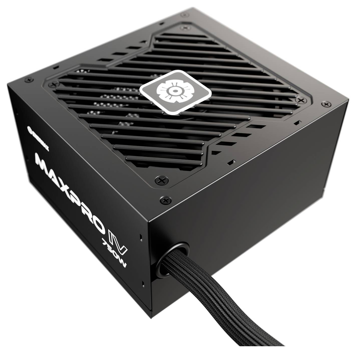 'MAXPRO V 700W' Netzteil mit einem Lüftergitter auf der Oberseite, versehen mit einem blumenähnlichen Logo. Schwarzes Gehäuse mit Kabeln, die an einer Seite herausragen.