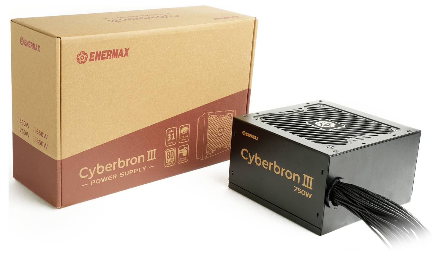 'Enermax Cyberbron III 750W Netzteil' neben seiner Verpackungsschachtel mit Zertifizierungslogos und Leistungsangaben.