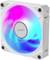 Ein weißer Computerkühlventilator mit leuchtenden RGB-LEDs in Blau, Rosa und Lila. Der Ventilator hat ein quadratisches Gehäuse.