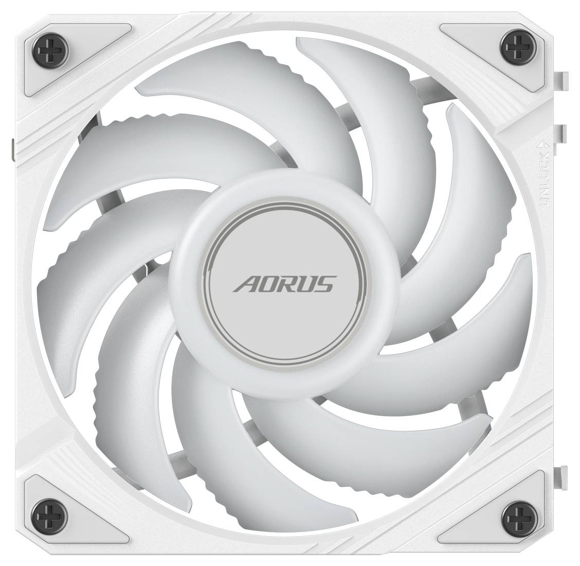 Weißer PC-Lüfter mit grauen, geschwungenen Rotorblättern und 'AORUS'-Logo in der Mitte. Geeignet zur Kühlung von Computerkomponenten.