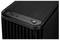 Ein schwarzes Computergehäuse mit Lüftungsgitter und vorderen Anschlüssen, einschließlich USB, Audioeingang und Einschaltknopf oben.