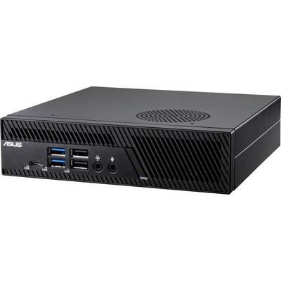 Kompakter schwarzer Mini-PC mit ASUS-Logo, mehreren USB-Anschlüssen und Audioanschlüssen auf der Vorderseite, Ventilatorgitter oben.