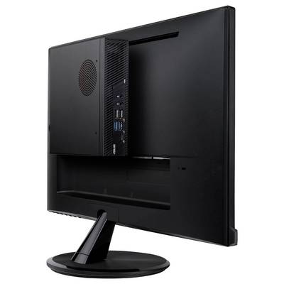 Ein schwarzer Monitor, auf der Rückseite ein Mini-PC montiert, der mehrere Anschlüsse bietet.