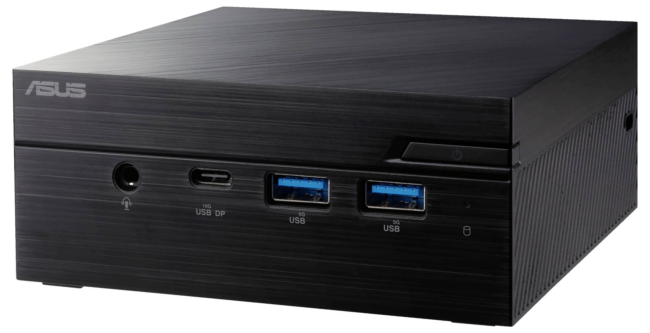 Ein kompakter, schwarzer Mini-PC mit ASUS-Logo, USB-Anschlüssen und einem Netzschalter auf der Vorderseite.