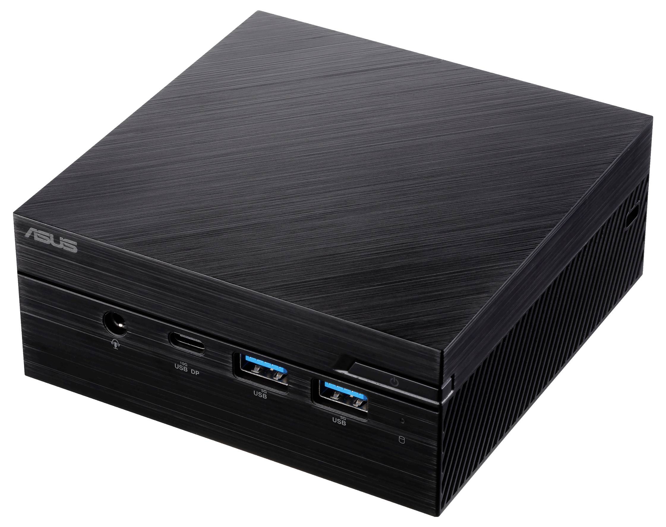 Ein schwarzer ASUS Mini-PC mit USB-Anschlüssen und einem Powerknopf auf dem Frontpanel.