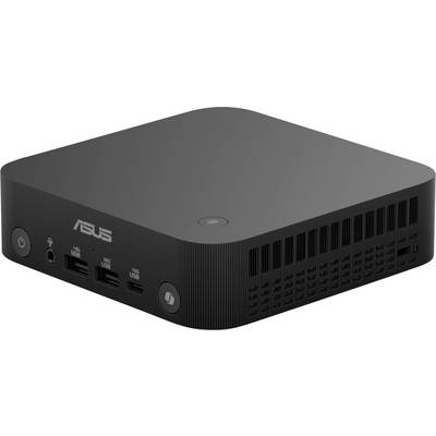 Ein schwarzer ASUS Mini-PC mit mehreren USB-Anschlüssen und einem Kopfhöreranschluss an der Vorderseite. Ideal für kompakte Büroeinrichtungen.
