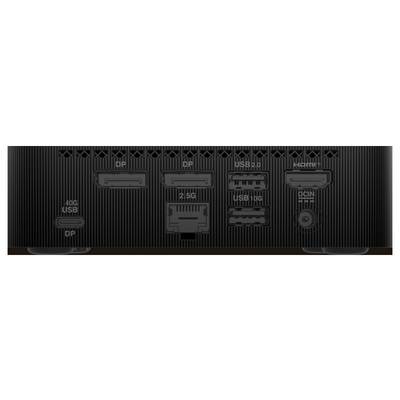 Rückseite des Geräts mit verschiedenen Anschlüssen, einschließlich drei DisplayPorts, einem USB 2.0, einem USB 10G, einem 2,5G Ethernet, HDMI und Gleichstrom-Eingang.