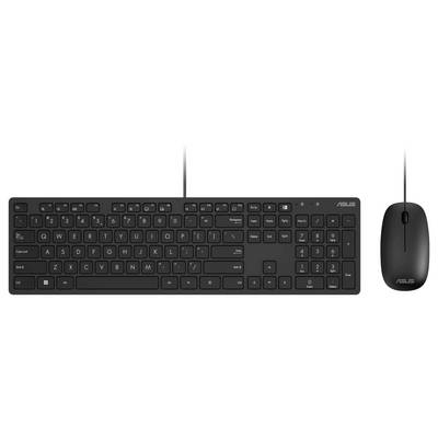 Schwarze kabelgebundene Computer-Tastatur mit Nummernblock, Funktionstasten und einer passenden kabelgebundenen Maus rechts davon. Das Markenlogo ist sichtbar.