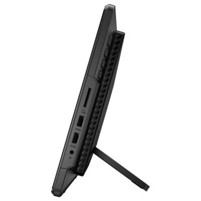 Seitenansicht eines schwarzen All-in-One-Computers, der Anschlüsse, Tasten und einen Standfuß zur Unterstützung zeigt.