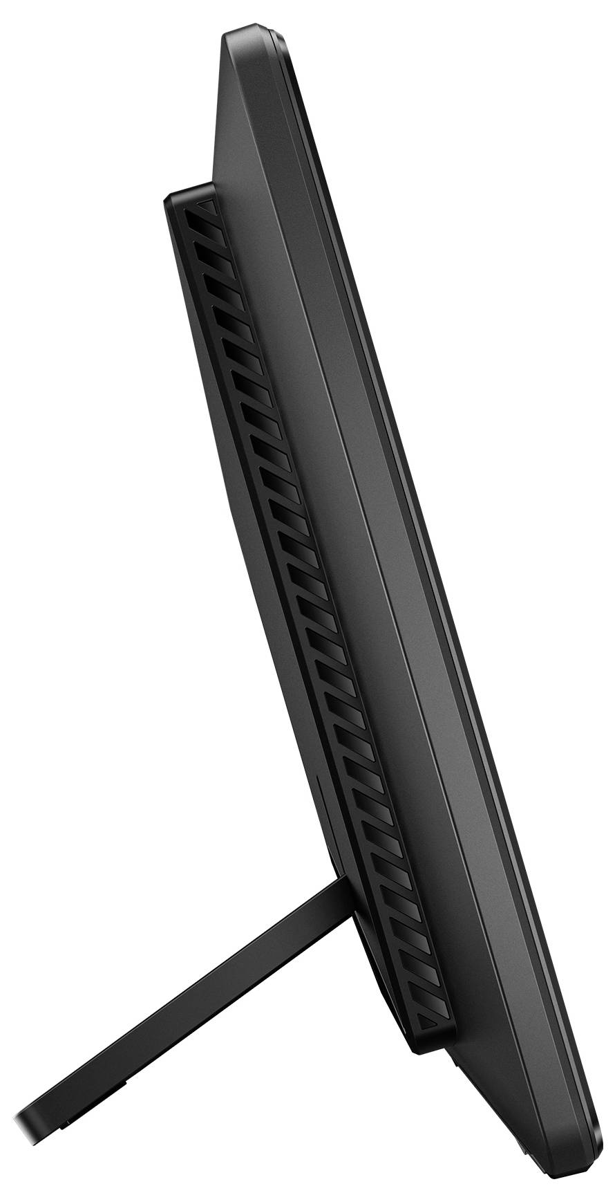 Ein Seitenprofil eines schwarzen Computermonitors auf einem Ständer, der das schlanke Design und die Lüftungsschlitze an der Rückseite für die Kühlung zeigt.