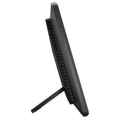Seitenansicht eines dünnen, schwarzen Computermonitors, der sein schmales Profil und sein schlankes Stativ zeigt.