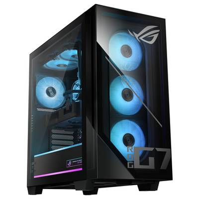 Ein Gaming-Desktop-Tower mit RGB-beleuchteten Lüftern in einem transparenten Gehäuse, mit einem Logo und der Aufschrift ‚G7' auf der Frontplatte.