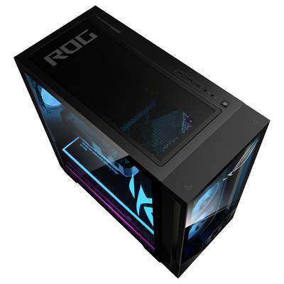 Ein schwarzer Gaming-Desktop-Computer mit "ROG"-Branding, ausgestattet mit transparenten Seitenpanels und intern beleuchteten Komponenten in Blau und Lila.