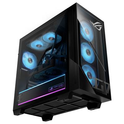 Ein Gaming-PC mit einem transparenten Seitenpanel, das blau beleuchtete Lüfter und interne Komponenten zeigt. Das 'ROG'-Logo ist auf dem Gehäuse sichtbar.
