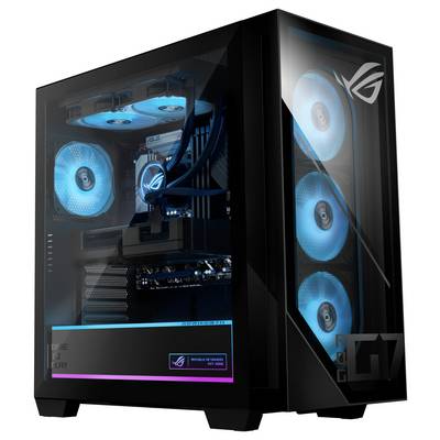 Ein schwarzer Gaming-Desktop-PC mit lebhaft blauen LED-Kühlventilatoren ist beleuchtet. Das Seitenpanel gibt Einblick in die interne Hardwarekonfiguration.