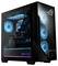 Ein schwarzer Gaming-Desktop-PC mit lebhaft blauen LED-Kühlventilatoren ist beleuchtet. Das Seitenpanel gibt Einblick in die interne Hardwarekonfiguration.