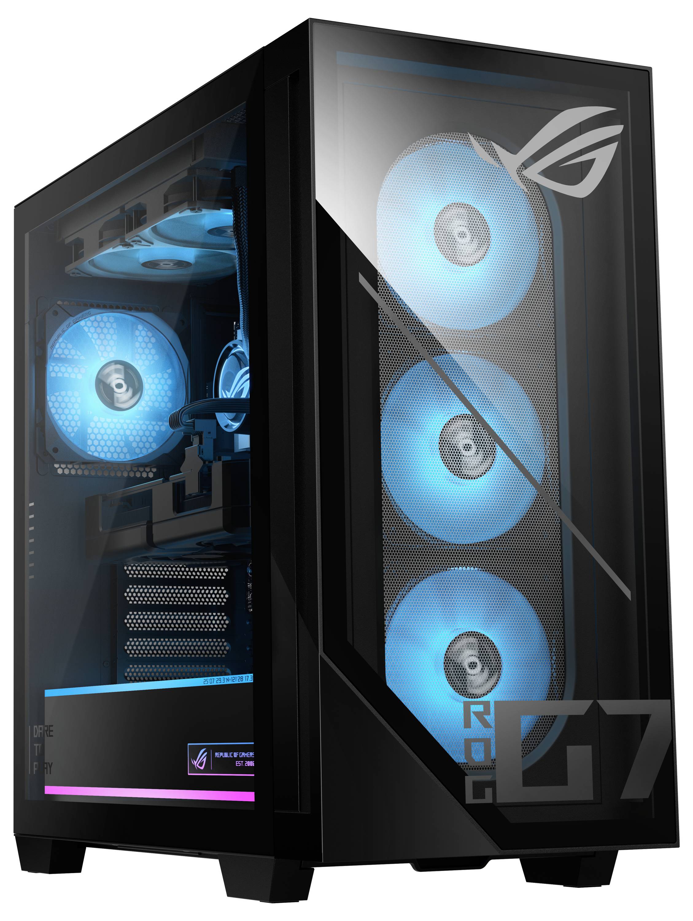 Ein schwarzer Computer-Tower mit transparenter Seitenwand, die drei blau beleuchtete LED-Lüfter und interne Komponenten präsentiert. Ein Logo ist auf dem Glas sichtbar.