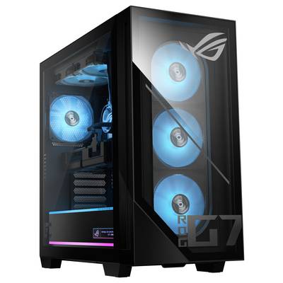 Ein schwarzer Computer-Tower mit transparenter Seitenwand, die drei blau beleuchtete LED-Lüfter und interne Komponenten präsentiert. Ein Logo ist auf dem Glas sichtbar.