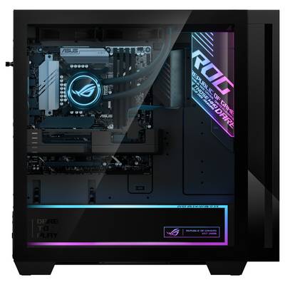 Ein transparenter Gaming-PC, der seine Innenkomponenten präsentiert, mit einem beleuchteten Republic of Gamers (ROG) Logo und Motherboard.