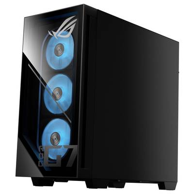 Ein schwarzer Computer-Tower mit drei sichtbaren, blau beleuchteten Kühlventilatoren hinter einem transparenten Frontpanel mit dem ROG-Logo an der Seite.
