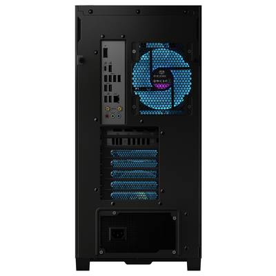 Rückansicht eines schwarzen Computergehäuses mit mehreren Anschlüssen, darunter USB, HDMI und Ethernet, sowie einem Heckventilator mit blauer Beleuchtung.