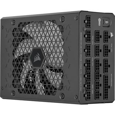 Schwarzes Computernetzteil mit Lüfter und mehreren modularen Anschlussmöglichkeiten auf der rechten Seite für verschiedene Kabeltypen.