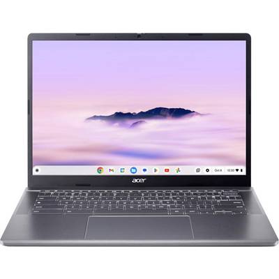 Ein Acer Laptop mit geöffneter Klappe zeigt einen Bildschirmhintergrund mit rosa Himmel und Bergsilhouette. Tastatur sichtbar.
