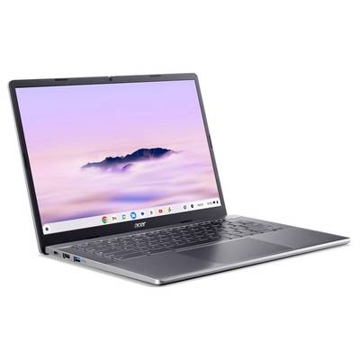 Ein Laptop mit geöffnetem Bildschirm zeigt ein Hintergrundbild mit einem nebligen Bergpanorama bei Sonnenaufgang.