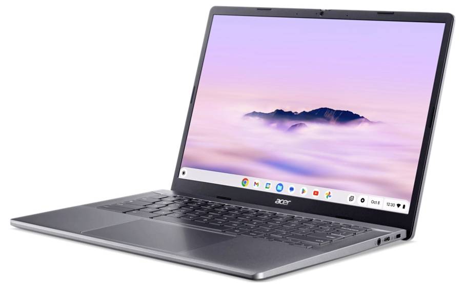 Ein silberner Laptop von Acer mit geöffnetem Bildschirm, der eine Benutzeroberfläche mit Symbolen für Apps zeigt, vor einem rosa-blauen Himmelshintergrund.